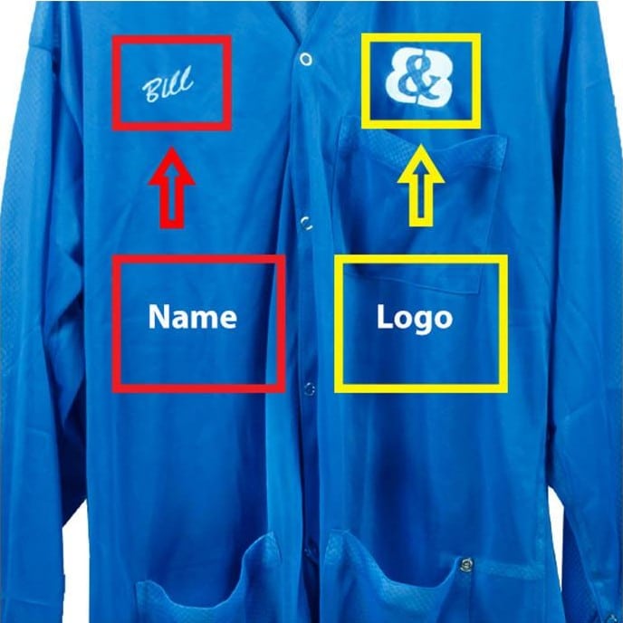 Custom embroidered ESD smock with a logo and name